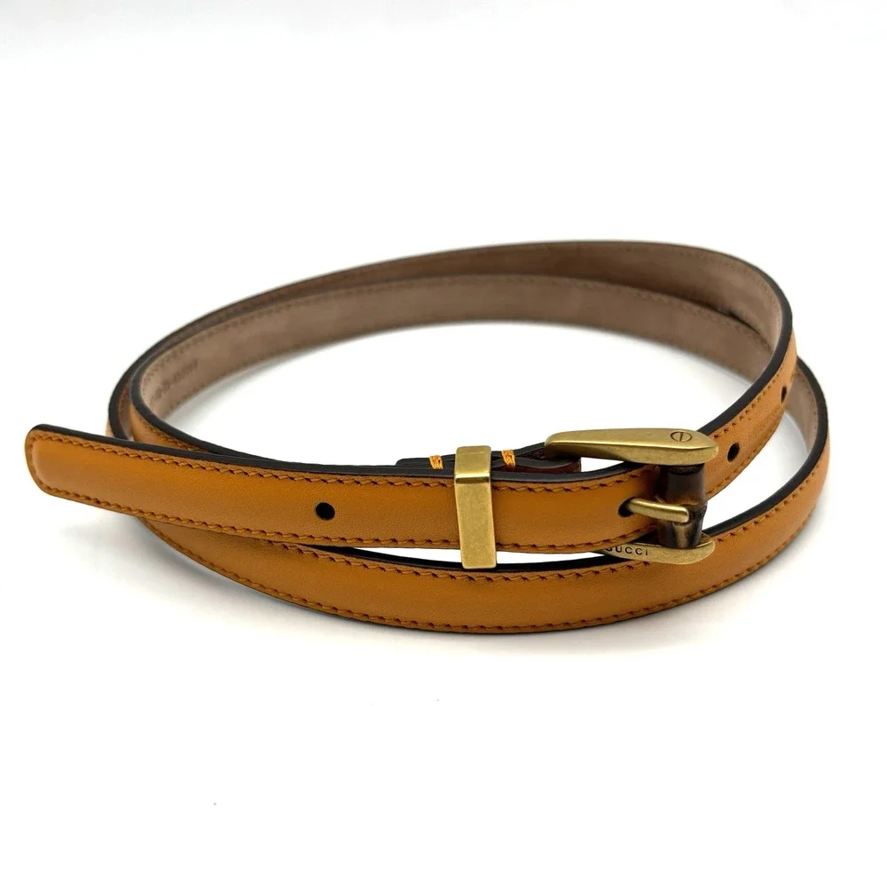 Authentic GUCCI 339065 Marigold Leather Bamboo Buckle Skinny Belt 36 Italy $449